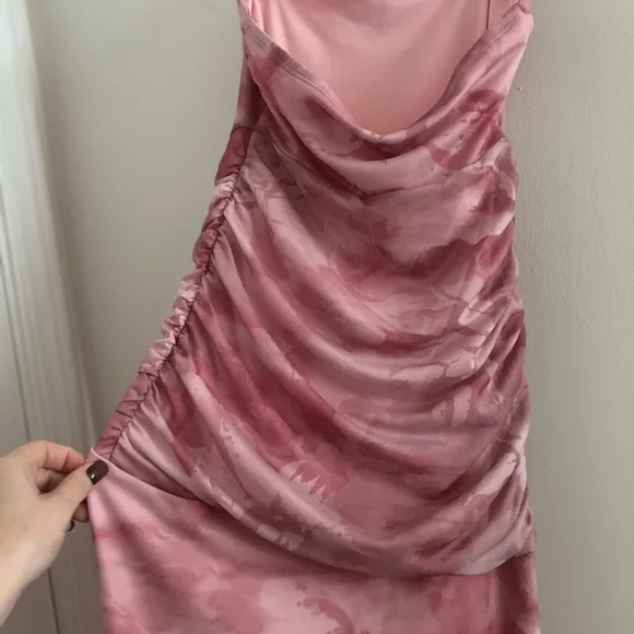 Mauve Blush Ruched Strapless Skirt Ruffle High Slit Midi Dress Sz XS - Picture 2 of 3